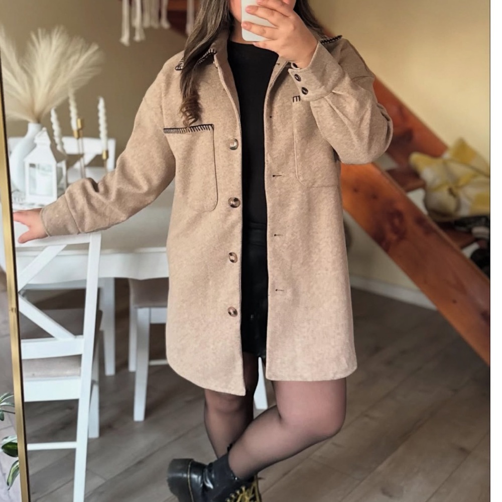 Zara NWT beige tan oversized button front stitched shacket - Picture 10 of 16